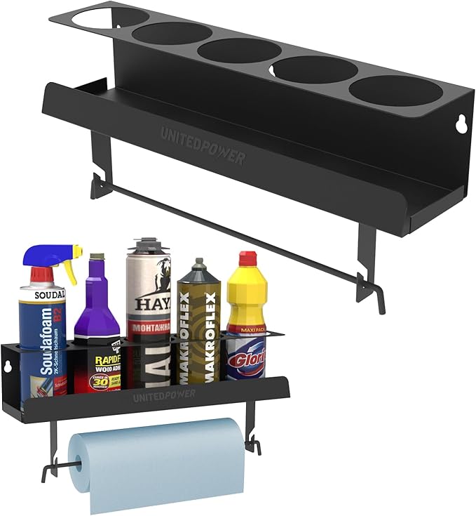 UNITEDPOWER 5 Aerosol Spray Can Holder, Paint Bottle Storage Rack, Steel Wall Mount Shelf, Tool Organizer for Garage, Craft Workspace and Home