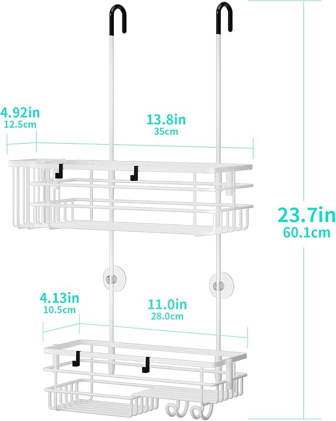 HapiRm Hanging Shower Caddy Organizer - No Drilling Shower Shelves with Hooks and Toothbrush Holder, Rustproof 304 Stainless Steel Bathroom Organizer - White