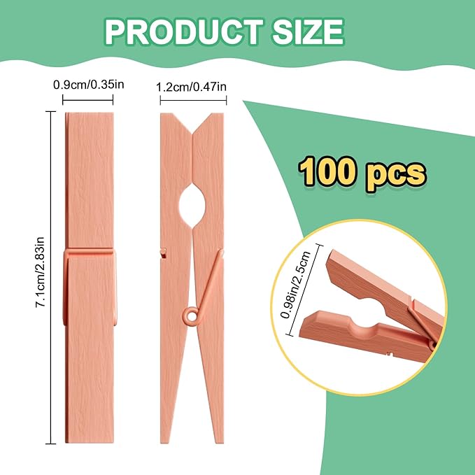 100Pcs Clothes Pins Wooden, 2.9 Inch Orange Clothespins, Colorful Clothespins for Hanging Clothes Crafts Picture Pastel Laundry Clips Cheer