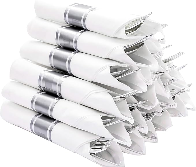 N9R 50 Pack Pre Rolled Silver Plastic Silverware with Napkins, Disposable