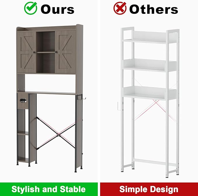 EasyCom Over The Toilet Storage Cabinet with Metal Frame and 7 Storage Shelves, Bathroom Organizer with Adjustable Shelves and Paper Holder, Farmhouse Storage Cabinet for Bathroom, Laundry, Oak Grey