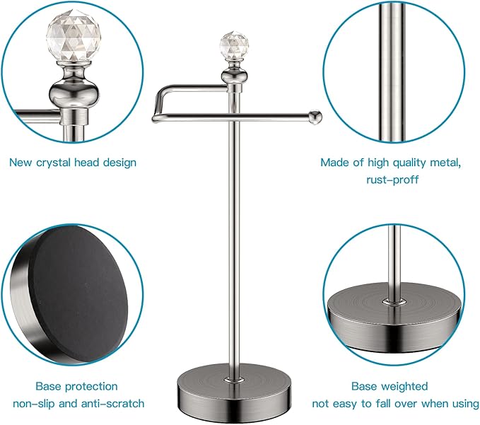 Heavy Weighted Hand Towel Holder with Crystal Ball - Stand, 15.7'' Tall, Brushed Nickel