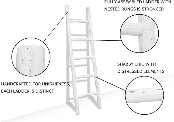 FUIN Fully Assembled 57in Wood Blanket Ladder Living Room Decorative Wall Leaning Farmhouse Quilt Display Holder Rustic Wooden Towel Rack for Bathroom, White