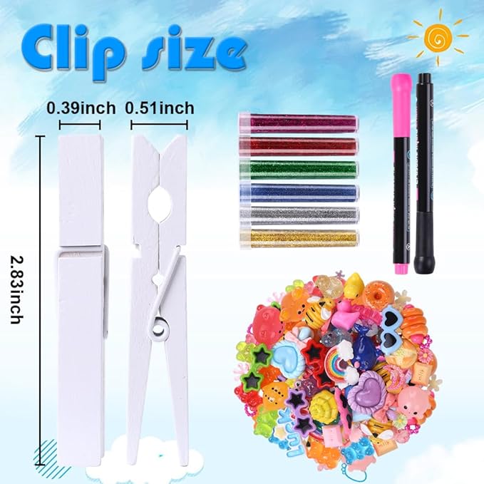 JOICEE 80 Set Cheer Pins Spirit Clips,Clothes pins Include 126 Mini Resin Animals Bows and Self Adhesive Stickers Pen 300 Beads Pearls for Backpacks Ribbon Team Classroom Cheer Gifts Bulk(White Wood)