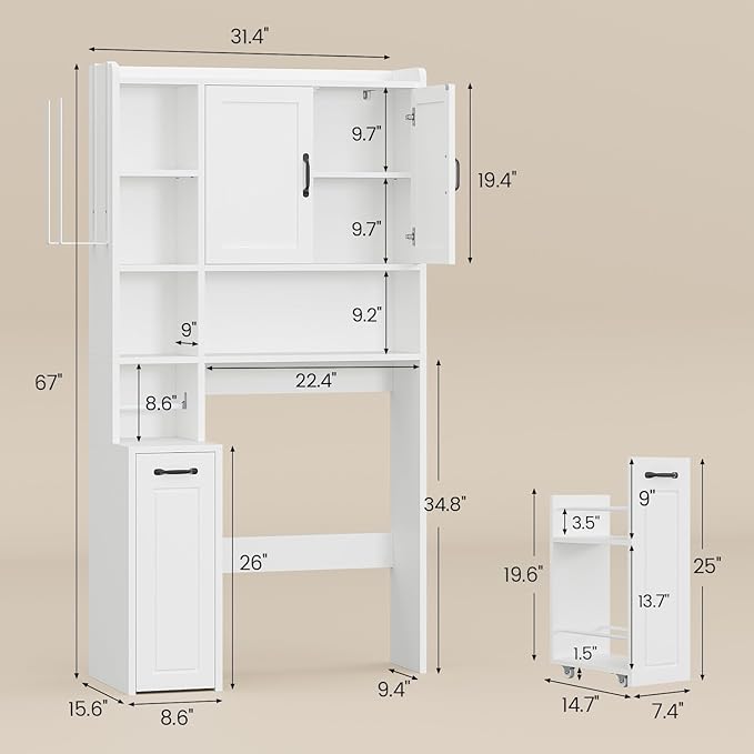 Over The Toilet Storage Cabinet with Pulley Small Bathroom Storage Cabinet, Space Saver W/Adjustable Shelf & Towel Rack for Bathroom, Restroom, Laundry (White-Type B)