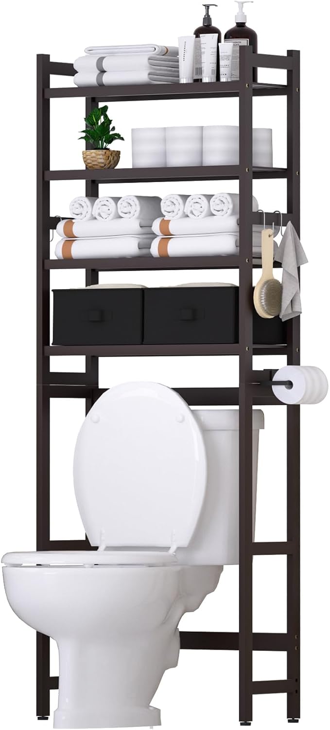 Over The Toilet Storage with 2 Baskets, 4-Tier Bamboo Organizer Rack with Paper Holder & 4 Hooks & Waterproof Feet Pad,Freestanding Shelf for Bathroom(Brown)