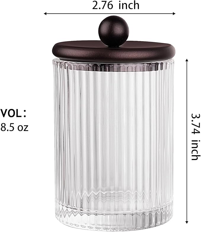 SheeChung 4-Pack Bronze Ribbed Glass Qtip Holder - Apothecary Jars Bathroom Organizer Set with Lids - Vanity Storage Canisters for Cotton Balls, Pads, Swabs, Floss Picks - Modern Farmhouse