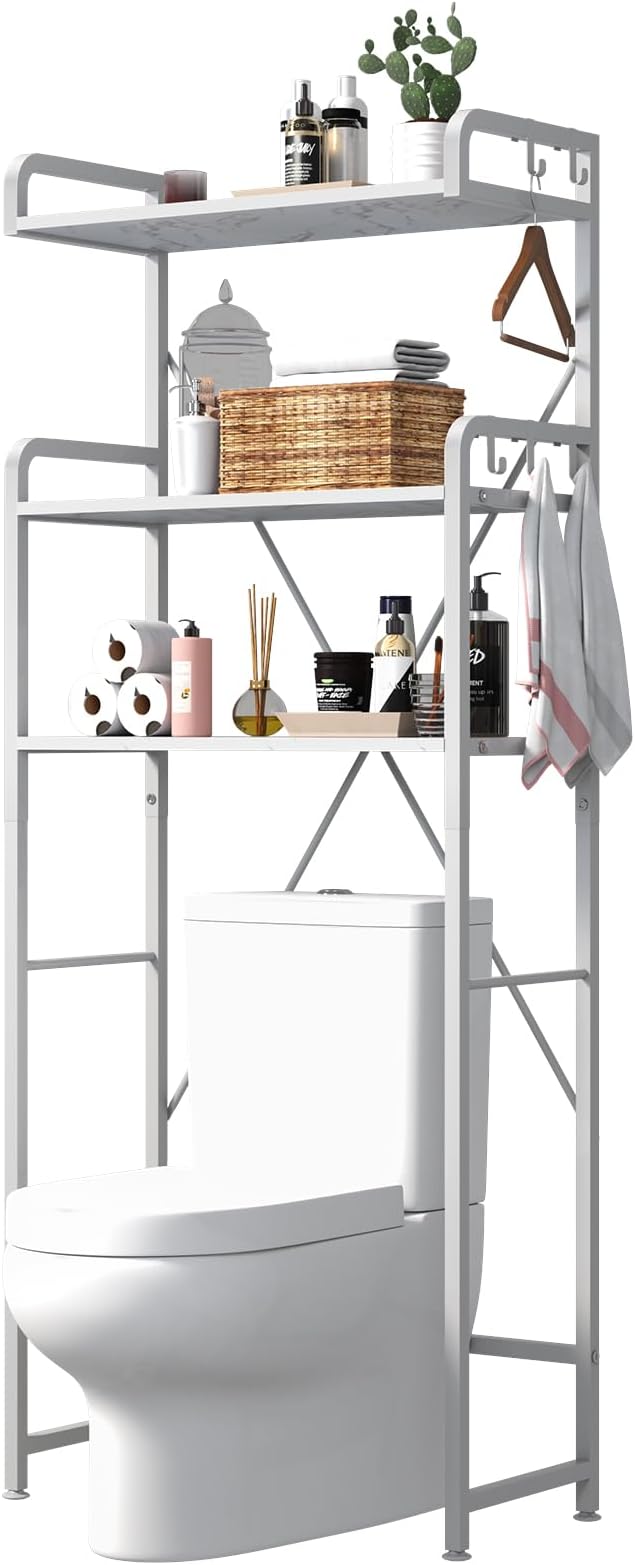 Over The Toilet Storage Rack with 3-Tier Bathroom Shelves, Space Saver Toilet Shelf, Bathroom Storage Organizer with Hooks for Over Toilet Storage and Bathroom Shelf (White Faux Marble)