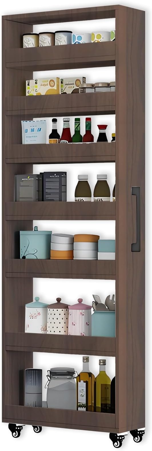 MINGRUIYU 7-Tier Slim Storage Cart, Wooden Rolling Pantry Cabinet with Wheels, Narrow Shelf Organizer for Kitchen, Bakers Rack, Dining Room, Closet, Small Spaces Teak 73.2''H*9.8''W*19.6''D