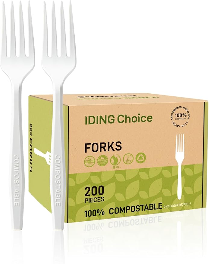 IDING Choice 100% Compostable 200 Count No Plastic Spoons, Plastic Utensils, The Heavyweight Heavy Duty Flatware is Eco-Friendly Products for Lounge Party Wedding Office BBQ Picnic Camping.