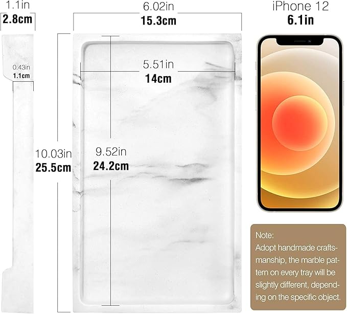 Luxspire Bathroom Vanity Tray, 10 x 6 inch Marble Bathroom Perfume Tray Dresser Tray, Resin Rectangle Vanity Tray, Bathroom Vanity Countertop Organizer for Cosmetics Hand Towel, M, Gravel White