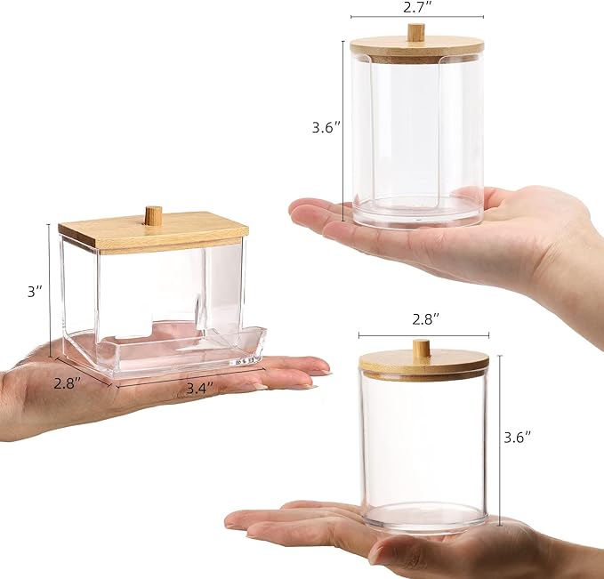 Tbestmax 4 Pack Qtip Holder Bathroom Container, 10/7oz Cotton Ball Cotton Swabs Pads Dispenser, Apothecary Jar with Bamboo Lids for Organizer and Storage (Beige)