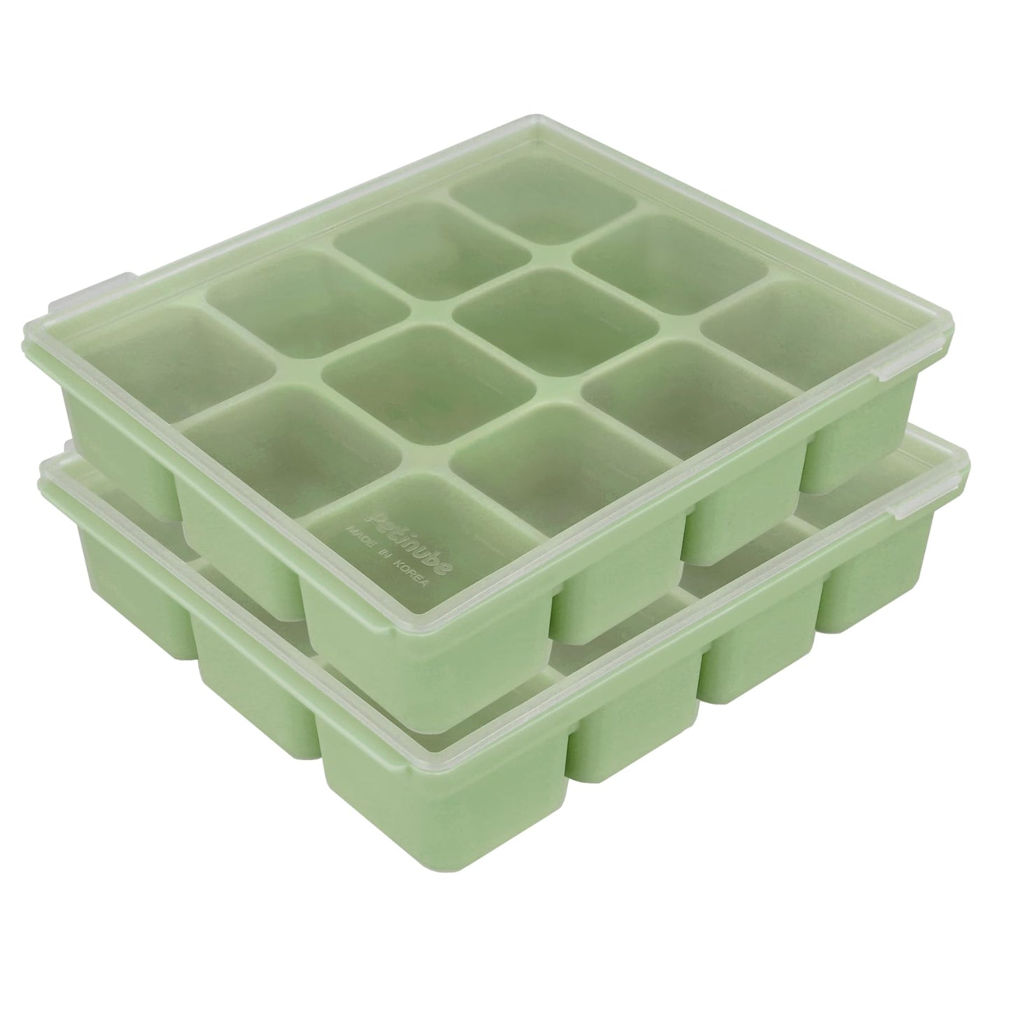 PETINUBE Silicone Freezer Tray, Baby Food Storage Cubes with Clip-On Lid, Freeze Baby Food, Soups, Purees, Ice, Easy and Safe Design, Made in Korea (12, Celadon Green)
