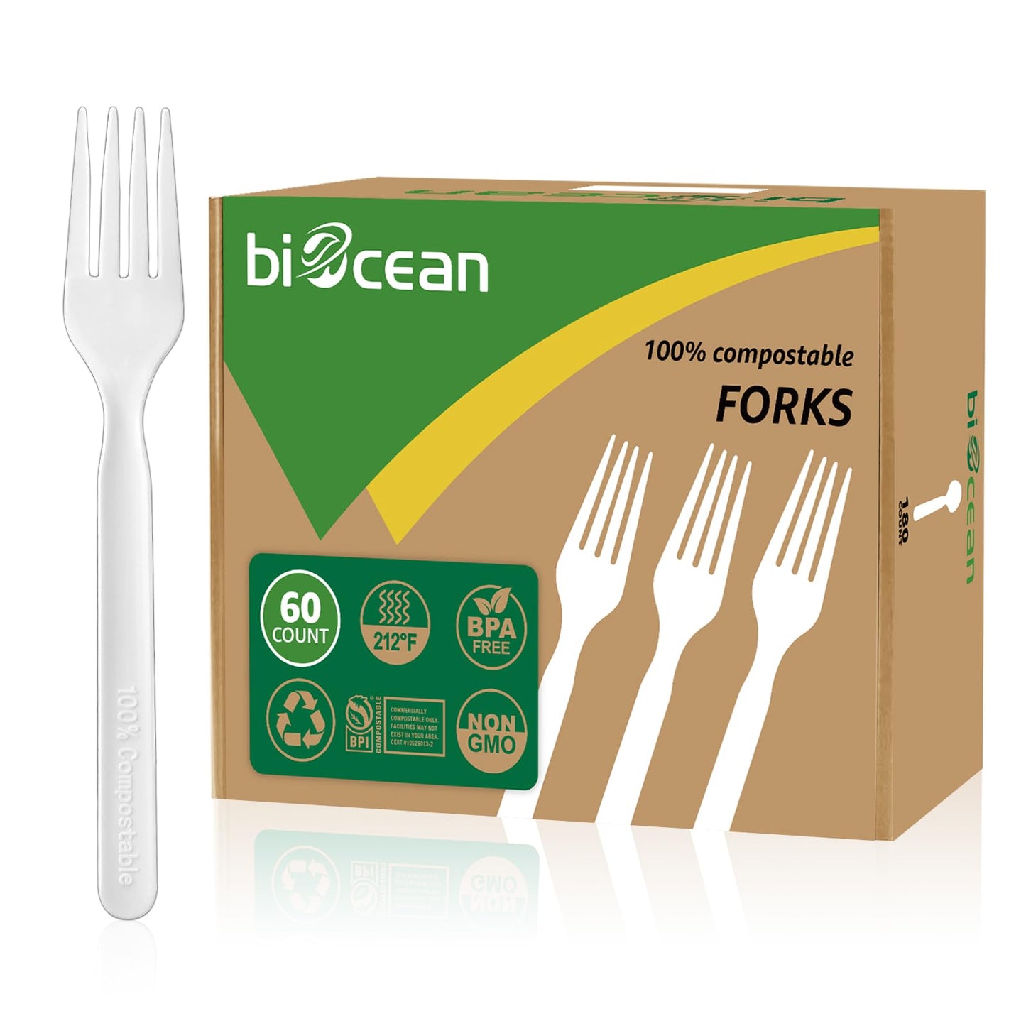 Biocean 100% Compostable Forks 60 Count Disposable Forks Heavy Duty Utensils Set Fork Silverware Eco Friendly Flatware Plastic Free for Party Camping Picnics Wedding-Ivory White