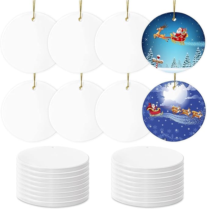 Sublimation Ceramic Ornaments - Bulk Ceramic Discs for Heat Press Printing - White Round Porcelain Personalized Xmas Tree Keepsake Crafts Gift - 48pc