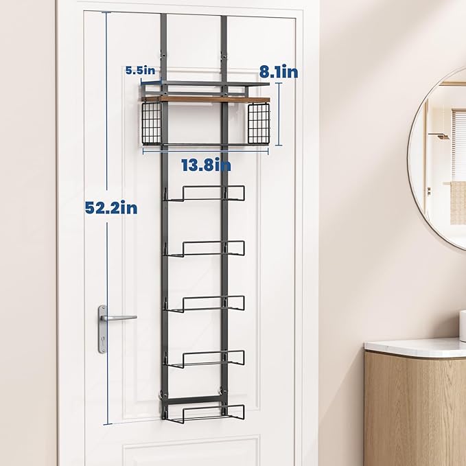 Towel Racks for Bathroom Over The Door Towel Racks Towel Storage Organizer with Metal Shelf Basket for Bathroom Rv Camper (7-Tier Black with Brown Plank)