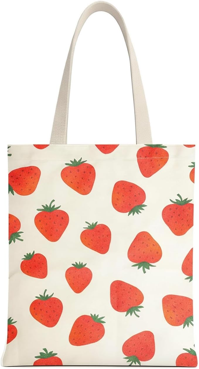 MOLOVA 1-PACK Cute Strawberry Print Canvas Tote Bag, Reusable Grocery Bag with Magnetic Snap Closure & Inner Zipper Pocket, Aesthetic Gift for Women
