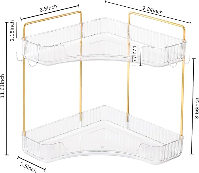 2-Tier Corner Bathroom Organizer Countertop with Hooks, Bathroom Sink Corner Vanity Storage for Makeup, Skincare and Perfume (White Gold)