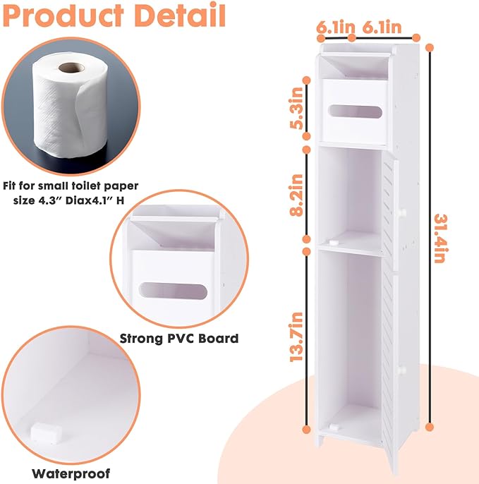 ShellKingdom Toilet Paper Holder Stand, Small Bathroom Storage Cabinet with Doors and Shelves, Slim Storage Cabinet for Bathroom Small Spaces Corner Floor - White