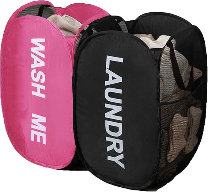 2 Pack Mesh Pop Up Laundry Hamper Collapsible Laundry Basket with Side Pocket, Strong Handles, Storage Organizer for Bedroom, Nursery Room, College Dorms (Black+Pink)