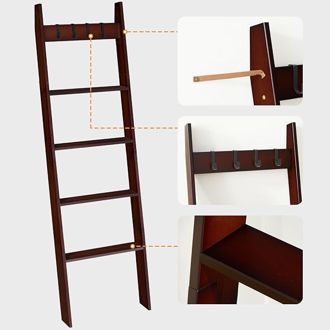 HOOBRO Blanket Ladder for Living Room and Bedroom, 5-Tier Wall Leaning Towel Rack for Bathroom, Decorative Ladder Shelf with 4 Removable Hooks, Farmhouse Blanket Storage, Brown BR51CJ01G1