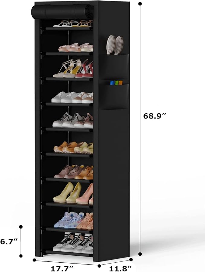 VTRIN Vertical Narrow Shoe Rack Organizer 10 Tier Tall Shoe Shelf Holds 20-22 Pairs with Non-Woven Dustproof Cover for Closet, Entryway Black