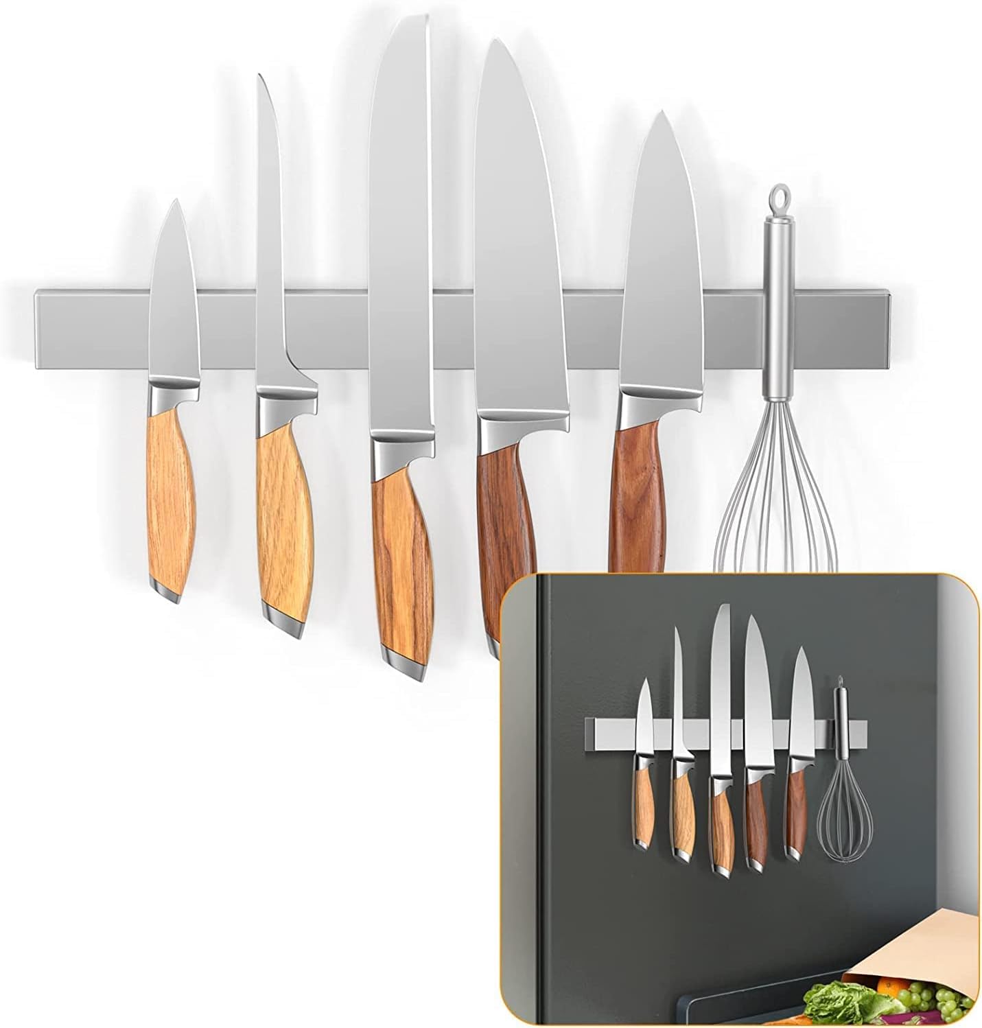Ninonly 20 Inch Magnetic Knife Holder for Refrigerator, Stainless Steel Double Sided Magnet Knife Strip for Wall, No Drilling Magnetic Knife Rack with Powerful Magnetic Pull Force Fridge Applicable
