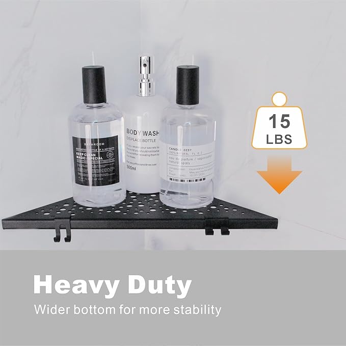 Corner Shower Shelf with 4 Hooks,10 Inch 304 Stainless Steel Recessed Bathroom Shelves,No-Drilling Installation for Tiled Wall,Matte Black, 2-Pack