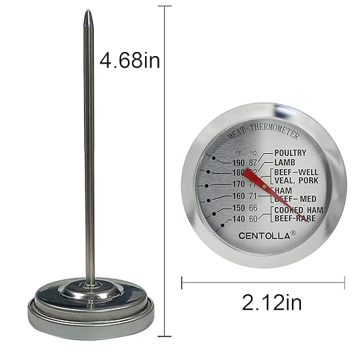 CENTOLLA 2 Pieces Meat Thermometer for Roaster Oven, Food Thermometer for House Cooking,Large 2.12-Inch Easy-Read Face, Oven Safe Leave in,Stainless Steel Stem Silver