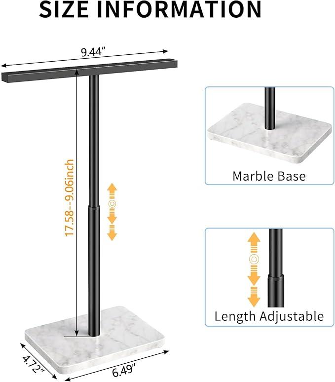Hand Towel Holder Stand, Matte Black Hand Towel Rack for Bathroom, T-Shape Towel Holder Stainless Steel for Kitchen Vanity Countertop, Marble Base Adjustable 9.06"-17.68"