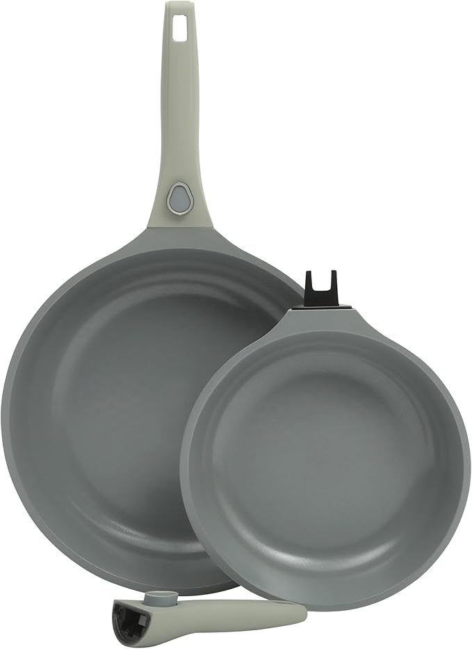 Sur La Table Kitchen Essentials 13 Piece Detachable Handle Pots and Pans Premium PFA Free Premium Ceramic Non Stick Induction Safe and Secure Removable Handle Cookware Set - Juniper Green