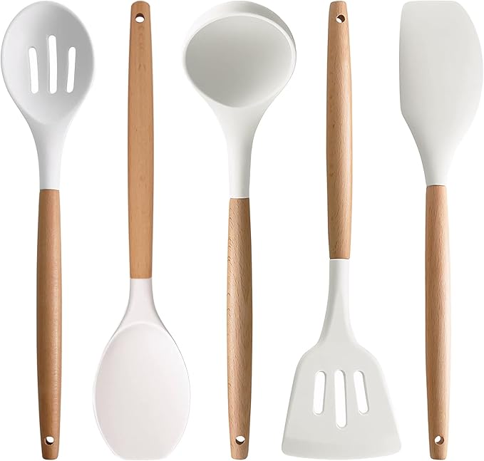 IOCBYHZ Silicone Cooking Utensils Set 5Pcs Non-Stick Silicone Kitchen Utensils for Cooking, Heat Resistant Kitchen Gadgets Spatula Spoon Turner Set with Wooden Handles for Non-Stick Cookware BPA Free