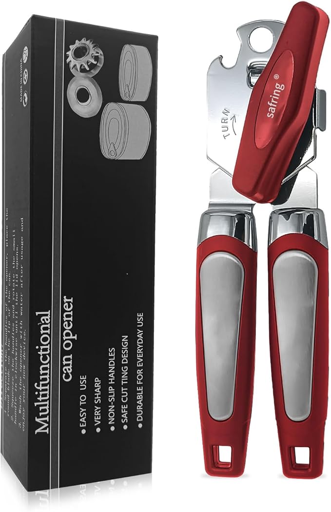 Safring Can Opener Manual, Handheld Strong Heavy Duty Stainless Steel Can Opener, Comfortable Handle, Sharp Blade Smooth Edge, Can Openers with Multifunctional Bottle Opener, Aqua Sky