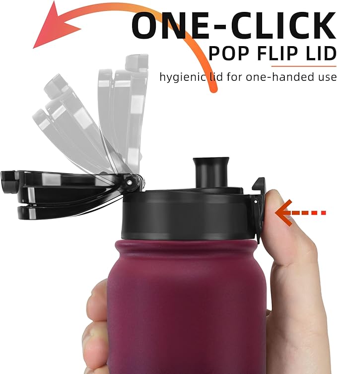 Fanhaw 20 oz Insulated Stainless Steel Water Bottle with Anti-Dust Chug Lid & Carabiner Lid, Leakproof Vacuum Metal Bottle for Kids, Women & Men (Red Black)
