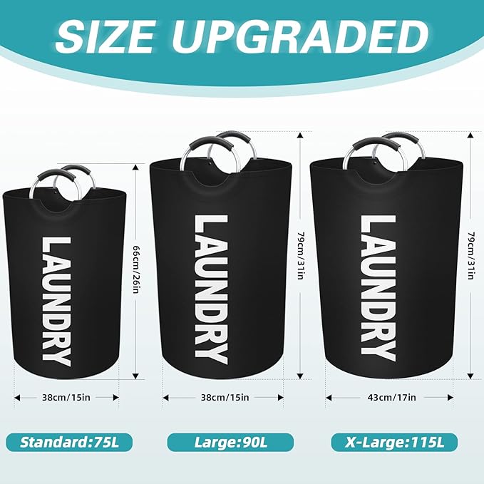 StorageRight 115L Large Laundry Basket, Laundry Hamper, Dirty Clothes Hamper for Laundry, Collapsible, Waterproof Laundry Baskets with Foam Protected Aluminum Handles for Laundry, Dorm, Family (Black)