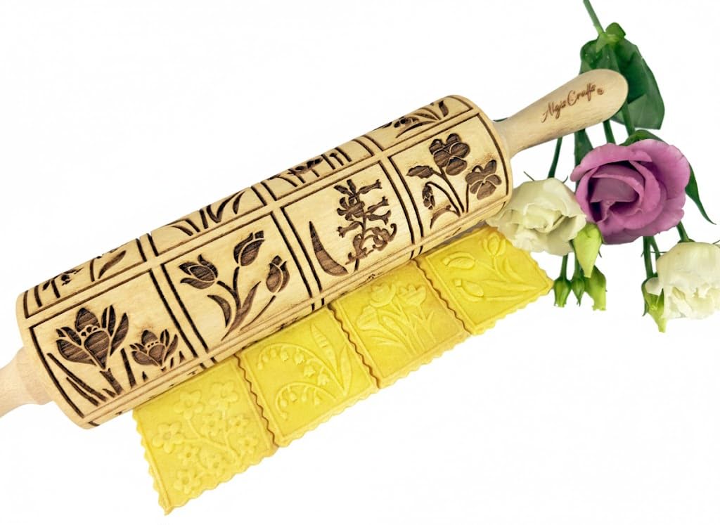 Embossing Rolling Pin GOLDEN DAISIES with Ornamental Bloom Pattern – Dough and Clay Roller for Embossed Cookies and Pottery - Cookie and Ceramic Stamp - Baking Gifts for Women by Algis Crafts