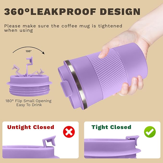Vacuum-Insulated Stainless Steel Travel Coffee Mug, Leak-Proof Reusable Coffee Cup with Lid - Keep Hot & Cold Drinks for Hours, Durable Insulated Tumbler for Men & Women(3rd-Purple, 12OZ)