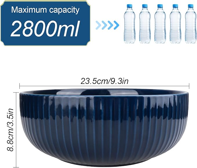 UUEMB 95oz Extra Large Ceramic Salad Bowl, Navy Blue Dishwasher Safe