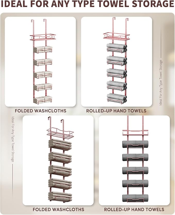 Hanging Towel Racks for Bathroom No Drill - 6-Tier Over The Door Bath Towel Storage Organizer for Small Bathrooms - Tiered Back of Door Towel Holder Hanger for Rolled Towels RV Camper Rose Gold