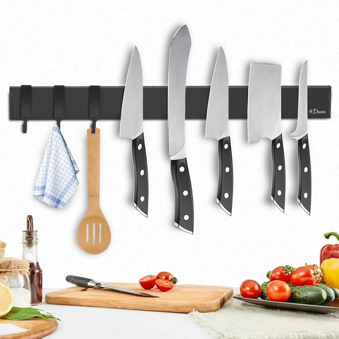 Dmore magnetic knife holder for wall—with 2 hooks, No Drilling 20 Inch walnut knife magnetic strip, Powerful knife magnet rack, include Adhesive Tape and screws for Knives, Utensils, and Tools