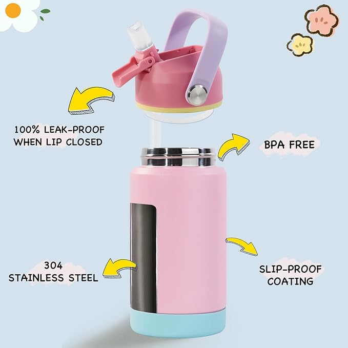 Kerilyn 12oz Kids Water Bottle 2 Pack, Stainless Steel Insulated Water Bottle Bulk, Toddler Cups with Straws Leak-Proof, Kids Water Bottles for School Boys Girls, BPA Free, Sky+Charm Pink 2 Piece Set