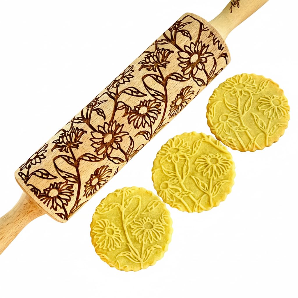 Embossing Rolling Pin GOLDEN DAISIES with Ornamental Bloom Pattern – Dough and Clay Roller for Embossed Cookies and Pottery - Cookie and Ceramic Stamp - Baking Gifts for Women by Algis Crafts