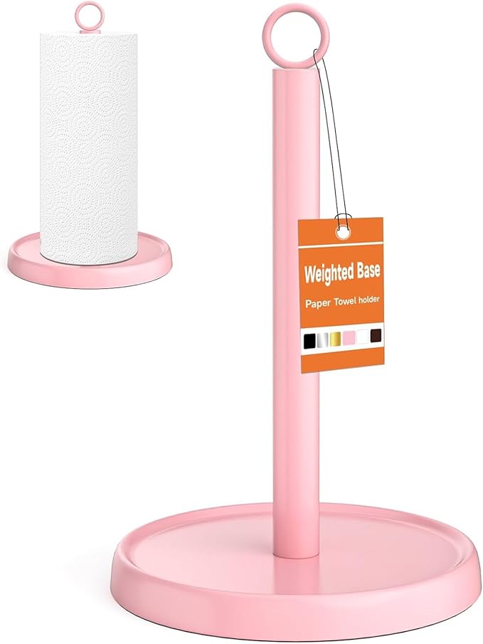 Pink Paper Towel Holder Countertop, Pink Kitchen Accessories Decor, Stainless Steel, Paper Towel Stand Holder for Bathroom Farmhouse Essentials with Weighted Base