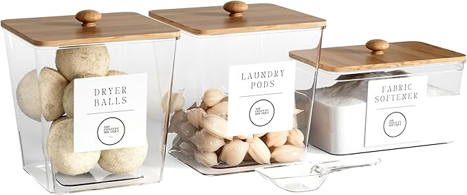3 Pack Acrylic Laundry Room Organization Containers with Gold & Wood Knobs – Laundry Pods Container & Detergent Organizer Set | Clear Laundry Jars | Scoops & Customizable Labels | Storage Canisters