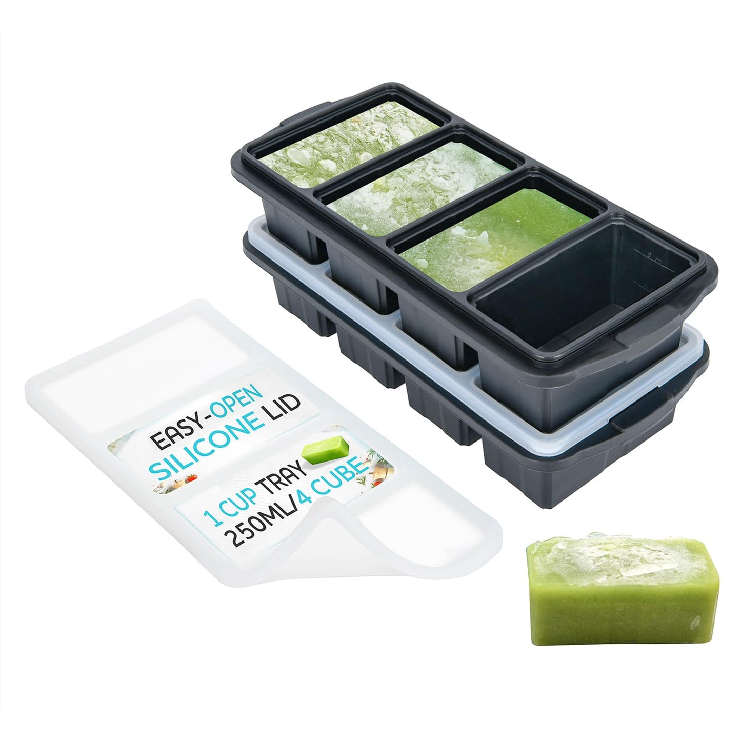 XOMOO Silicone Freezer Tray With Lid - Soup Freezer Container molds - Large Ice Cube Tray- makes 8 perfect 1 cup portions cubes, 2-Pack Freezer Storage Food Soups & Meal Prep - Oven & Dishwasher -Safe