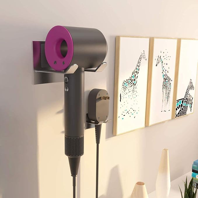 Self Adhesive Hair Dryer Holder Wall Mounted - Adhesive Bathroom Hair Blow Dryer Rack Organizer Compatible with Supersonic Hair Dryers (SUS 304 Silver)