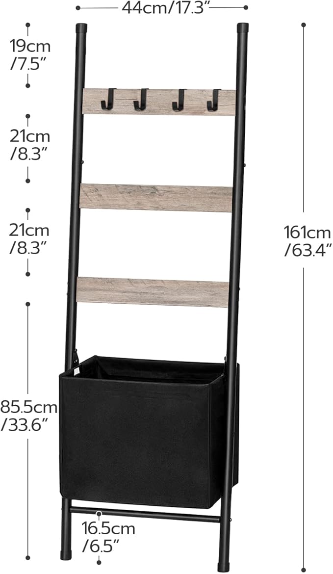 HOOBRO Blanket Ladder with Basket, 17.3”L x 63.4”H, Towel Rack with Hooks, Blanket Holder Rack, Decorative Ladder Shelf, Drying and Display Rack for Bathroom, Living Room, Greige BG31CJ01