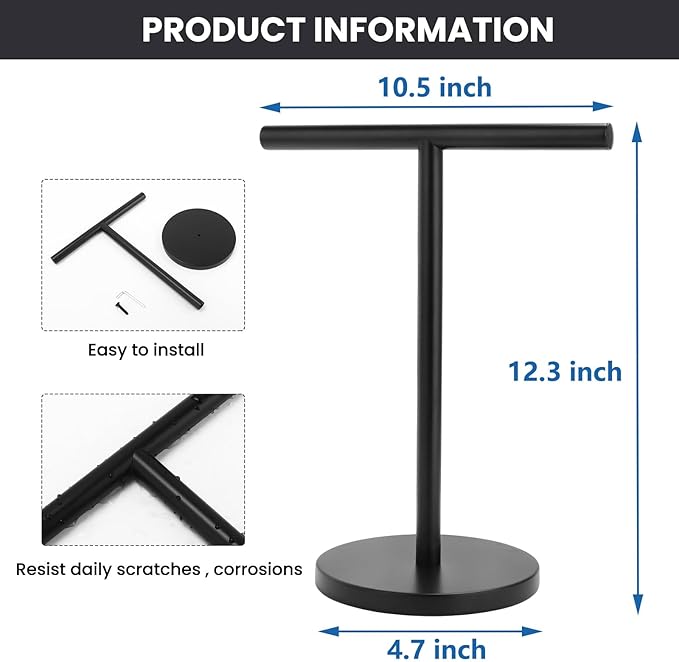 T-Shape Bath Hand Towel Holder Stand, Stainless Steel Free Standing Hand Towel Rack with Heavy Base, for Bathroom Kitchen & Countertop, Matte Black