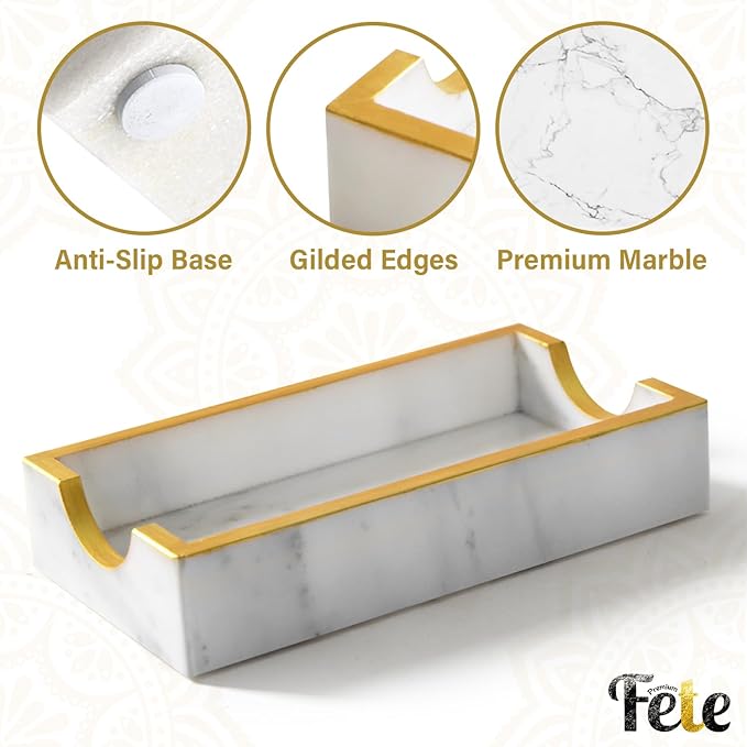 Fete Marble Tray for Bathroom - Guest Towel Holder Tray - 4 x 10 - White Marble