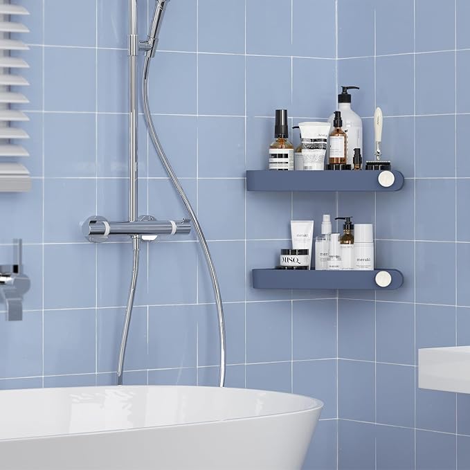 Sotfamily Plastic Shower Caddy Corner (For 90° Only), 2 Pack Adhesive Corner Shower Shelves for Bathroom Organizers and Storage, Navy